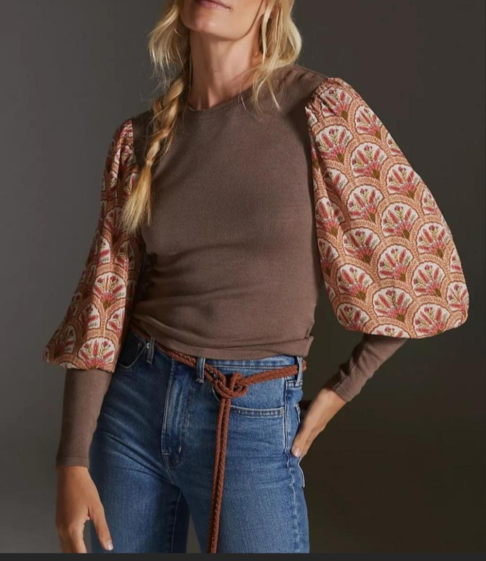 Anthropologie Blank London Balloon Sleeve Brown Round Neck Sweater XL Boho Chic